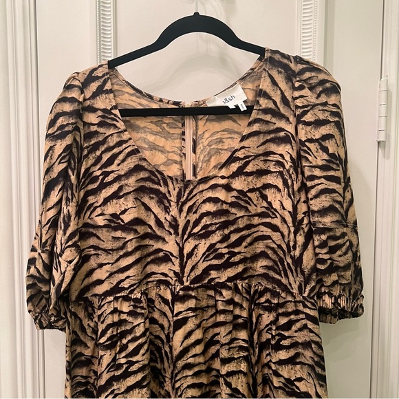 NWT BA&SH Zola Puff-sleeve Linen-blend Tiger Print Mini Dress Size L - Picture 7 of 15